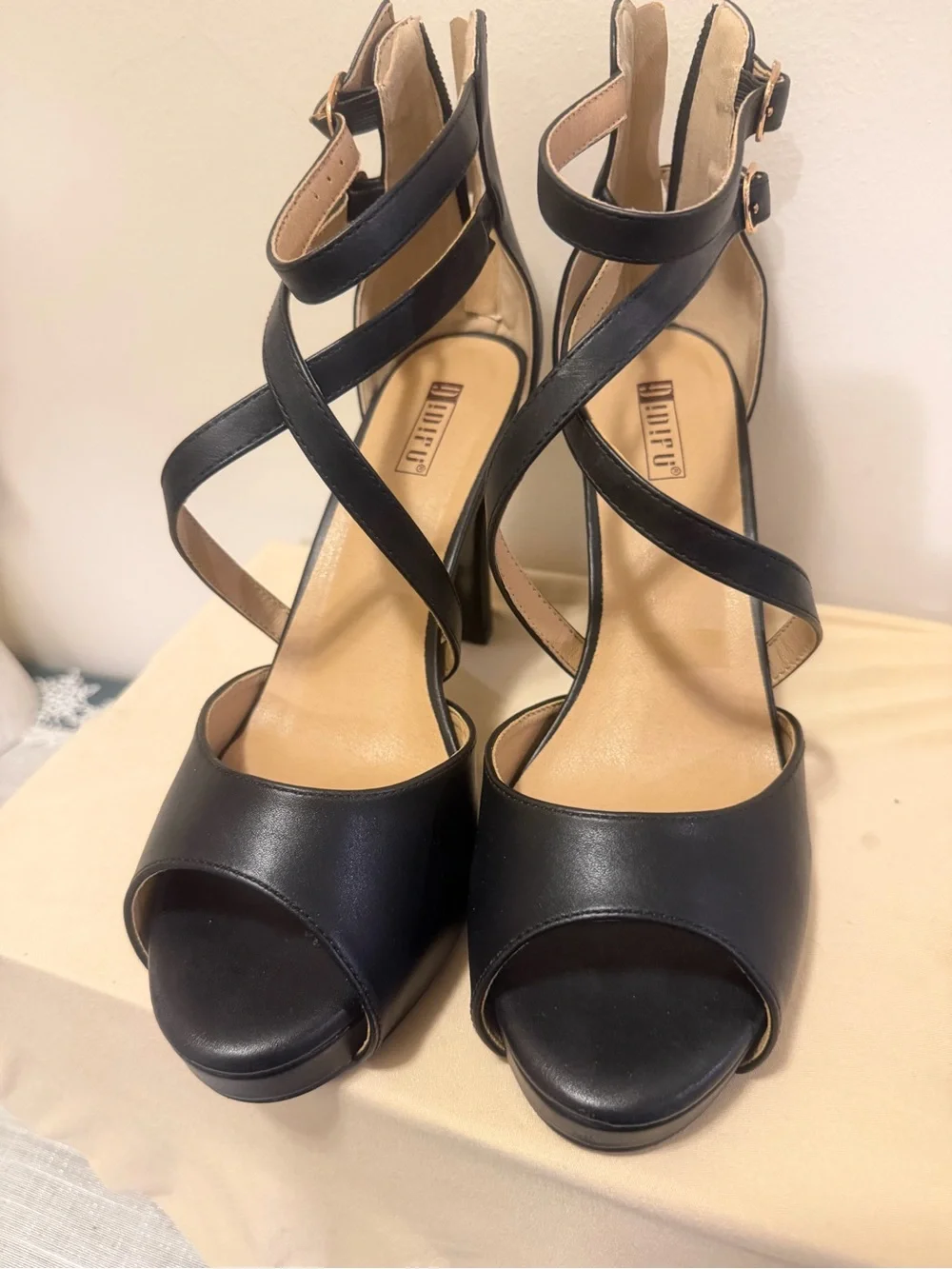 IDIFU Black Platform Strappy Block Heels with Gold Buckles